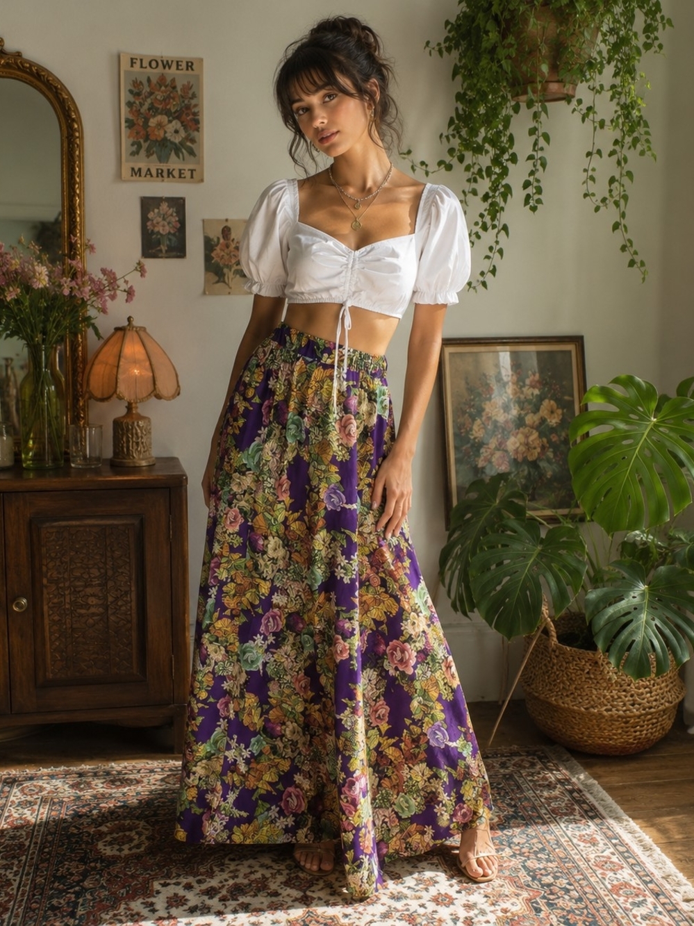 Vintage 70s Handmade Purple Floral Maxi Skirt Boho Size S Hippie Flower Child